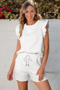 White Bow Jacquard Ruffle Sleeve Short 2pcs Outfit