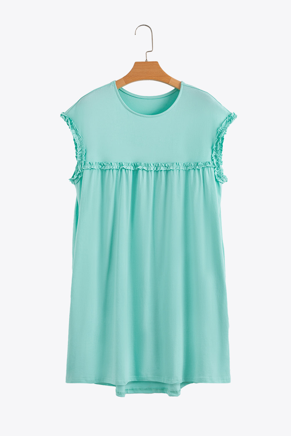 Mint Green Frilled Trim Crew Neck Loose Fit Mini Dress