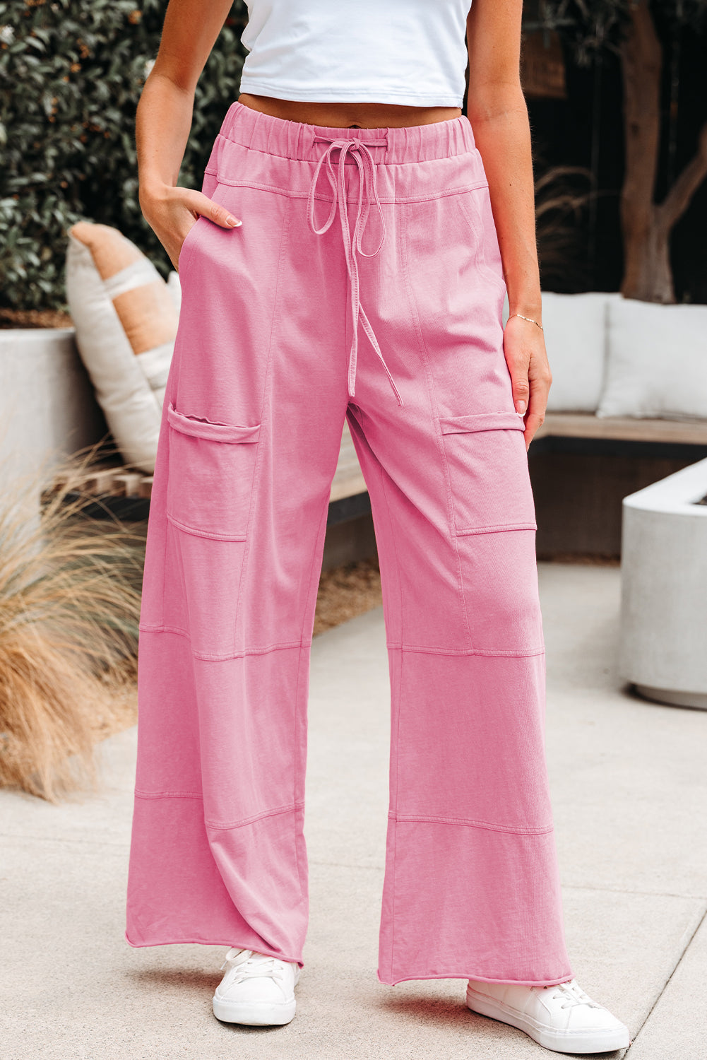 Bonbon Mineral Wash Exposed Seam Drawstring High Waist Wide Leg Cargo Pants