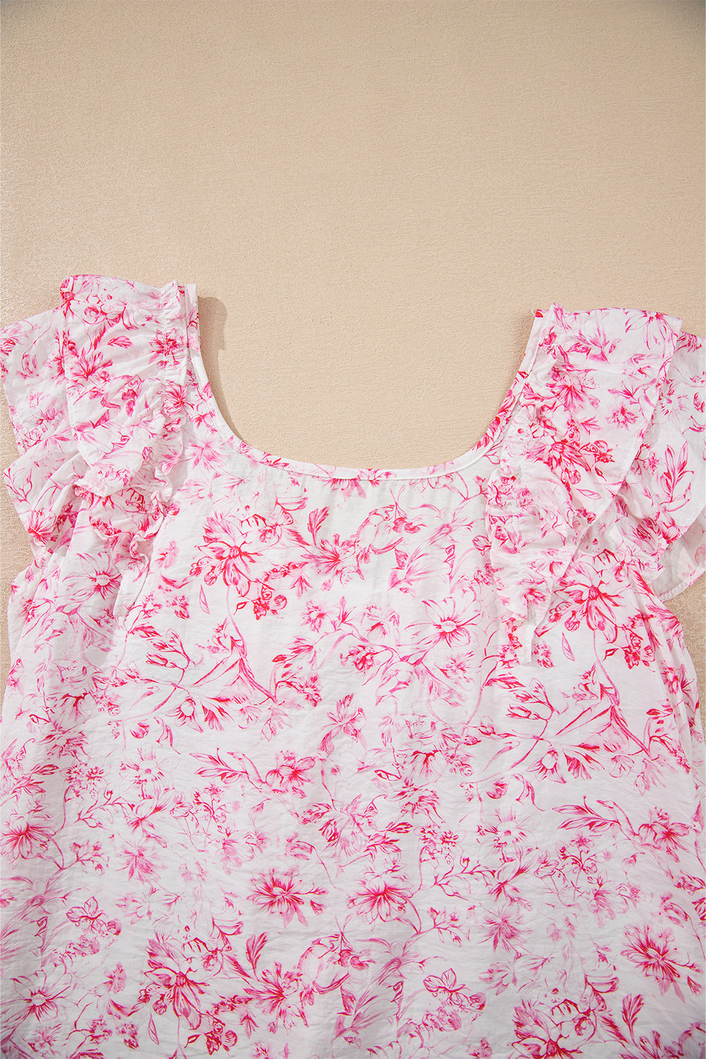 Pink Floral Ruffled Short Sleeve Bow Back Square Neck Blouse