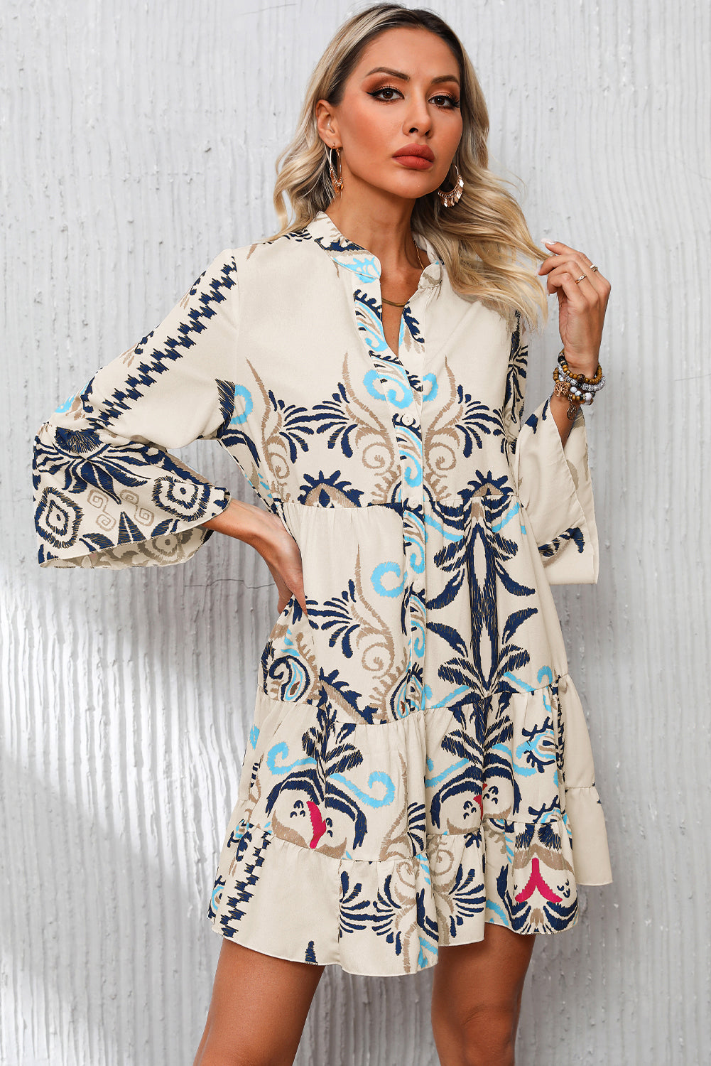White Printed Tribal Bracelet Sleeve Buttoned Mini Dress