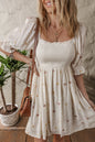 Beige Embroidered Flower Smocked Bust Half Puff Sleeve Empire Waist Textured Flowy Dress
