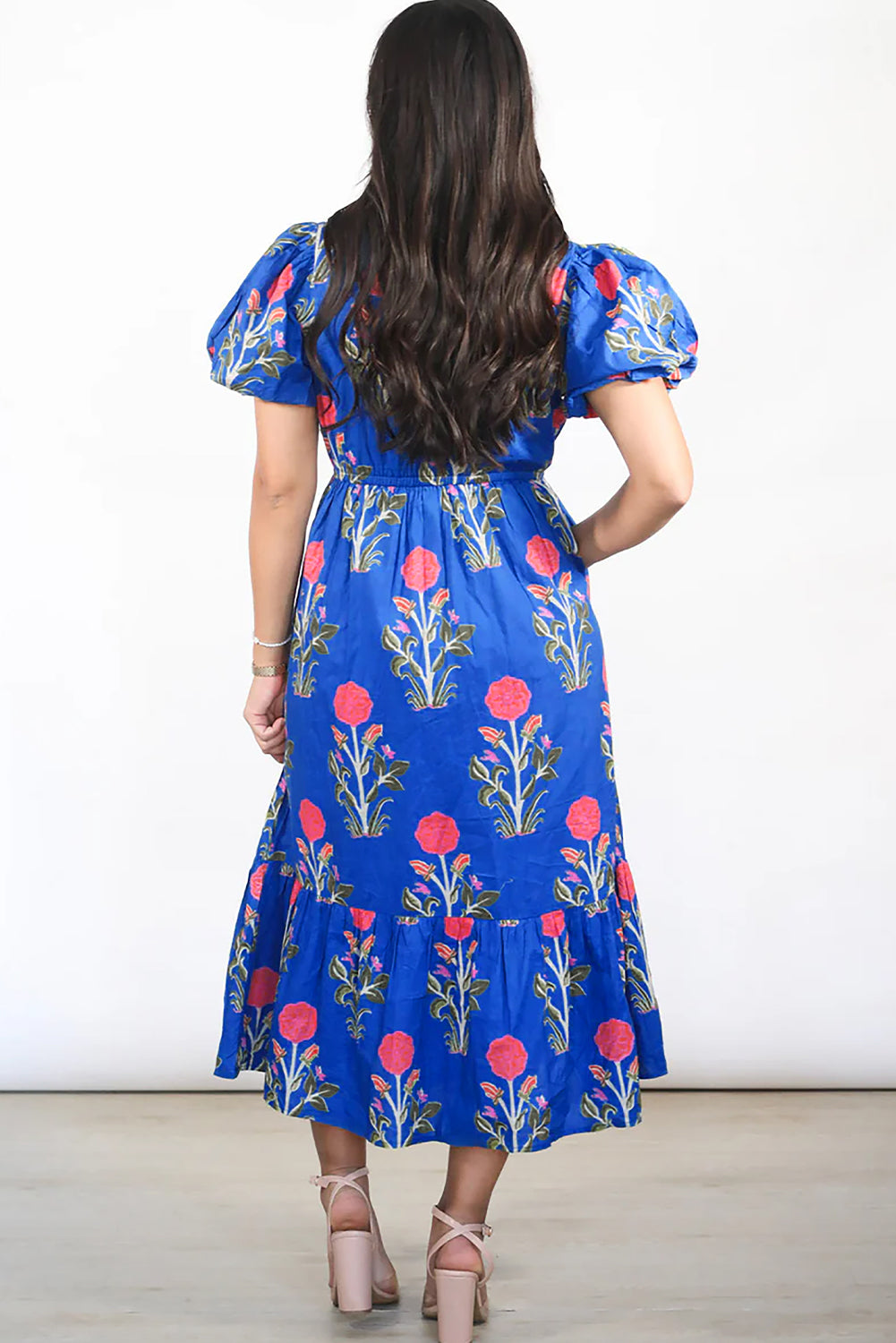 Sky Blue Floral Puff Short Sleeve V Neck High Waist Maxi Dress