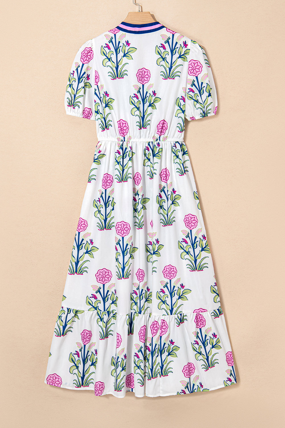 White Floral Puff Short Sleeve V Neck High Waist Maxi Dress